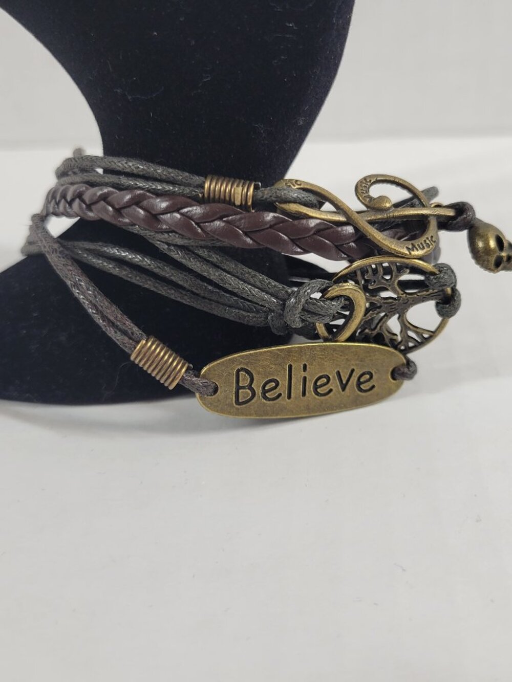 Braided Leather Cord Wrap Bracelet Treble Clef Skull Tree of Life Believe B19E